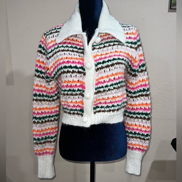Zara Knit Bloggers Favorite Rainbow Stripe Button Up Lapel Cardigan Sweater Sz S - Picture 2 of 8